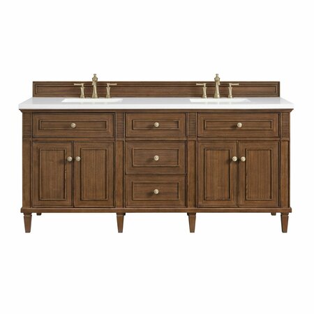 JAMES MARTIN VANITIES 72''Double Vanity, Mid-Century Walnut w/ 3 CM White Zeus Quartz Top 424-V72-WLT-3WZ